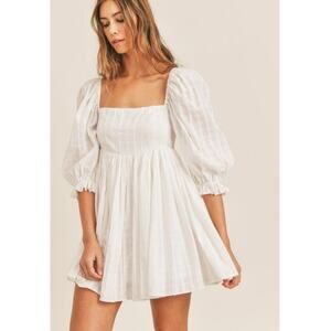 Pink Lily White Cotton Babydoll Dress Puff Sleeves Square Neck Flowy Sz Large